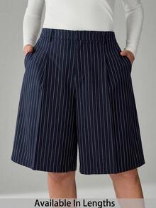 SHEIN Tall CURVE Quần short nữ cỡ lớn kẻ sọc có túi, kiểu dáng thời trang, đa năng, phù hợp cho đi làm và công sở. - Màu xanh hải quân - Xem 10