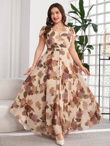 Reflora 大码女士优雅印花连衣裙，夏季婚礼礼服 - 彩色 - 查看 8
