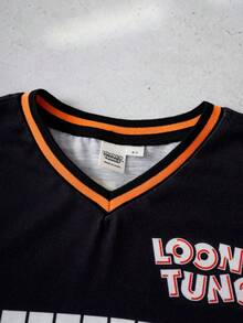 LOONEY TUNES X SHEIN 男童休闲时尚街头日常通勤卡通拼接条纹印花短袖T恤，夏季 - 白色 - 查看 4
