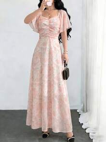 Modelyn Vestido rosa con volantes y estampado floral, vestido de estilo francés para vacaciones de verano para mujeres - Multicolor - Ver 4