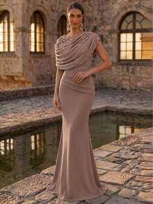 Aureia Elegant Elastic Knit Contrast Mesh Mermaid Hem Dress,Luxurious Asymmetric Ruffled Shoulder With Floral Applique,Beaded & Rhinestone For Evening Party - Dusty Pink - View 7