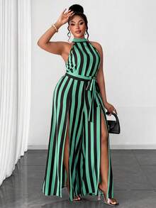 Maweii Plus Size Women's Woven Striped Slit Sexy Jumpsuit - Green - View 1