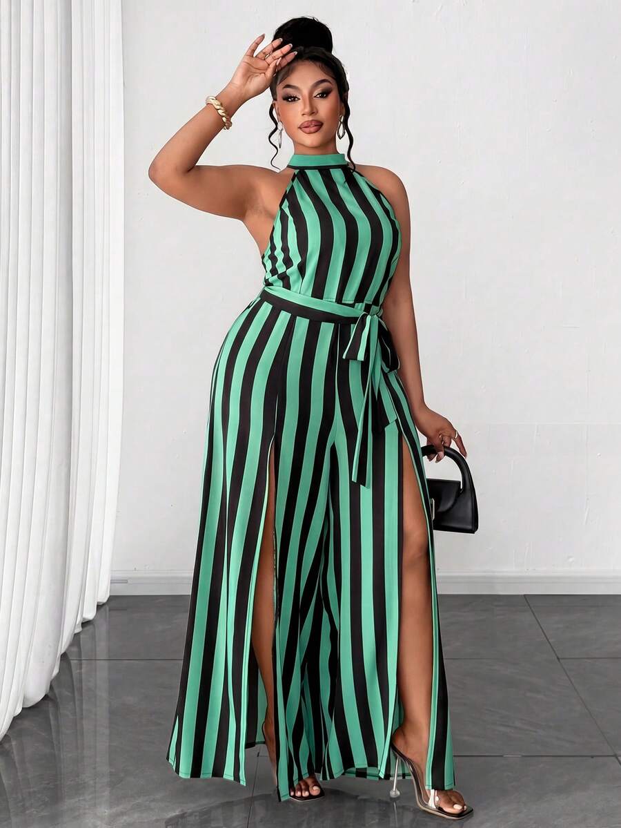 Maweii Plus Size Women's Woven Striped Slit Sexy Jumpsuit - Green - View 1