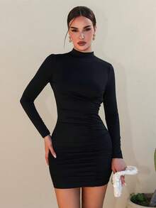 Bris Aura Solid Backless Ruched Side Bodycon Dress Party - Black - View 1