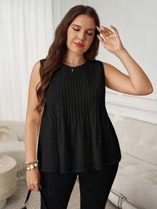 SHEIN LUNE Plus Size Solid Color Round Neck Pleated Casual Versatile Tank Top, Suitable For Summer - Black - View 6
