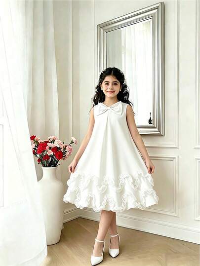 Girls' Elegant Sleeveless Dress With Bowknot Decor And Ruffle Hem, Children's Graceful Red Sleeveless Dress, Suitable For Spring And Summer