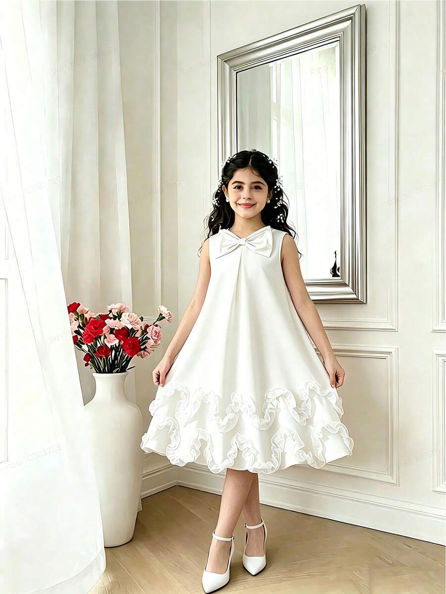 Girls' Elegant Sleeveless Dress With Bowknot Decor And Ruffle Hem, Children's Graceful Red Sleeveless Dress, Suitable For Spring And Summer - White - View 1