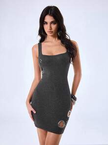 Y2Kool Y2K Sexy Washed Metallic Decor Casual Street Goth Stretchy Women Mini Slip Dress, Suitable For Party Club Night Out, Holiday, Dark Grey Summer - Dark Grey - View 3