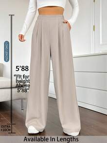 SHEIN Tall CURVE 大码女式高腰褶裥阔腿裤 - 卡其色 - 查看 1
