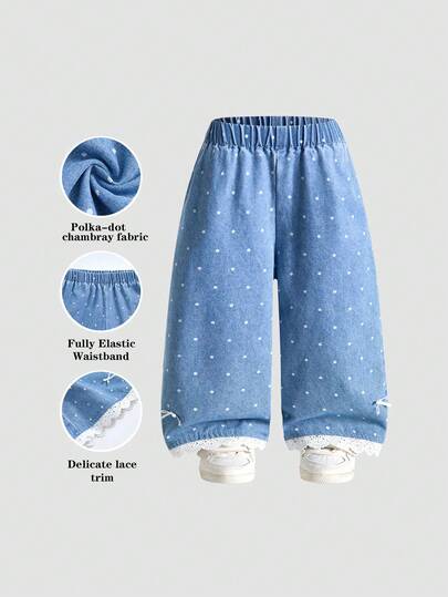 Baby Girls' Lace Polka Dot Straight Leg Pants, Flared Trousers, Light Blue Washed, Casual Versatile Bow Decor Pants For Outings, Soft & Fashionable, Retro Minimalist, Elegant Princess Style, Cute Baby Bottoms, Suitable For Gatherings, Parties, Activities, Park Walks