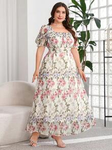 Reflora Gaun Ukuran Besar Elegan Motif Bunga Lengan Mengembang dengan Korset di Pinggang, Musim Panas - MultiWarna - View 6