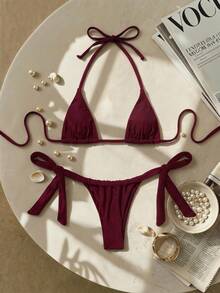 Swim SXY Set Pakaian Renang Wanita Model Brad Style Seksi dengan Cup Mini dan Tali Simpul Pita - Burgundy - View 1