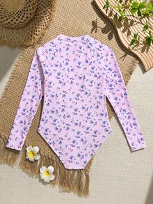 SHEIN 黄色底蓝色碎花连体泳衣，适合青少年女孩，防晒，休闲海滩度假游泳 - 淺粉色 - 查看 2