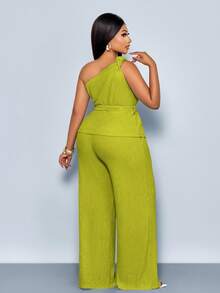 SOLERSUN Plus Size Women Olive Green Summer Elegant Vacation Set, Off-Shoulder Knotted Sleeveless Top&Straight Leg Trousers Two Pieces Casual Set - Mint Green - View 6