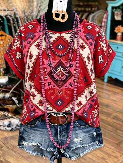 Linhara Áo kiểu nữ cỡ lớn in họa tiết phong cách retro boho, áo sơ mi tay ngắn cổ tròn kiểu dáng thường ngày cho kỳ nghỉ.