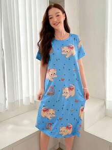 SHEIN 140g牛奶絲數碼印花女款睡裙 - 彩色 - 查看 4