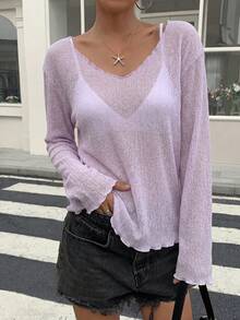 DAZY Áo thun nữ dáng rộng, cổ chữ V sâu, tay dài, chất liệu mỏng nhẹ, phong cách đường phố hiện đại, thích hợp cho mùa hè. - Màu tím - Xem 3