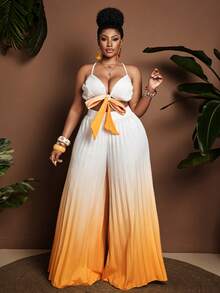 Maweii Women's Plus Size 2-Piece Gradient Pleated Outfit, White Ribbed Crop Cami Top With Bow Tie & Yellow Ombre Pleated Wide Leg Pants, Casual Summer Co-Ord Set For Vacation & Daily Wear - Yellow - View 3