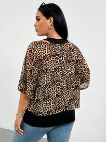 SHEIN Essnce Ensemble deux pièces pour femmes grandes tailles, mode printemps/été décontracté, extensible et confortable. Gilet long noir polyvalent et affinant, avec cache-maillot transparent à imprimé léopard. Tenue de sortie, tenue de travail, style simple, été européen - Tabac - Voir 2