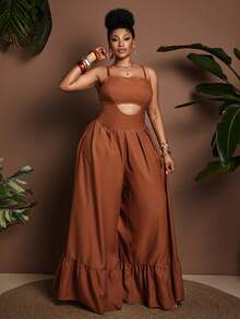 Maweii Bộ jumpsuit hai dây gợi cảm màu trơn khoét eo dành cho nữ cỡ lớn - màu nâu - Xem 4