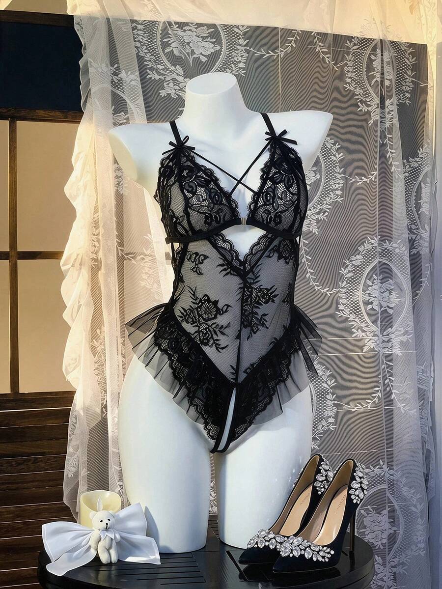 DAZY 女士花卉蕾丝撞色网纱荷叶边性感连体衣 - 黑色 - 查看 1