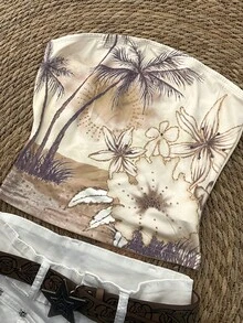 IslaSuriya 这款女士2000年代夏季度假风无肩带上衣，饰有热带花卉、椰子树和海岛风光图案。非常适合春夏穿着，适合度假、派对或日常穿着。 - 彩色 - 查看 5