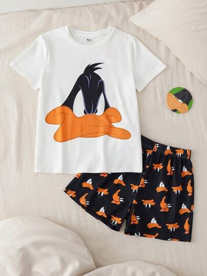 LOONEY TUNES X SHEIN Tween Boy Cute Crew Neck Short Sleeve Top And Casual Shorts Pajama Set,