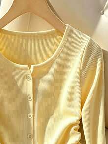 Franclia Áo khoác Cardigan nữ cạp chun nhún bèo tay dài tối giản lãng mạn màu vàng thu dành cho nữ - Màu vàng - Xem 3