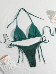 Bonvoyette 2件組泳裝套裝，採用閃亮紋理面料、仿珍珠裝飾、掛脖三角比基尼上衣與側綁式泳褲，春夏季海灘度假性感比基尼套裝 - 綠色 - 查看 2