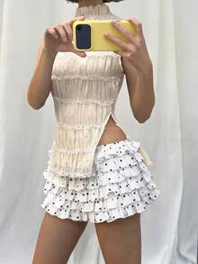 Siren Gaze 優雅時尚奢華奶油白色紋理上衣，夏季抽褶假領無袖女款襯衫，側開衩綁帶後背復古層次荷葉邊茶會風 - 杏色 - 查看 7