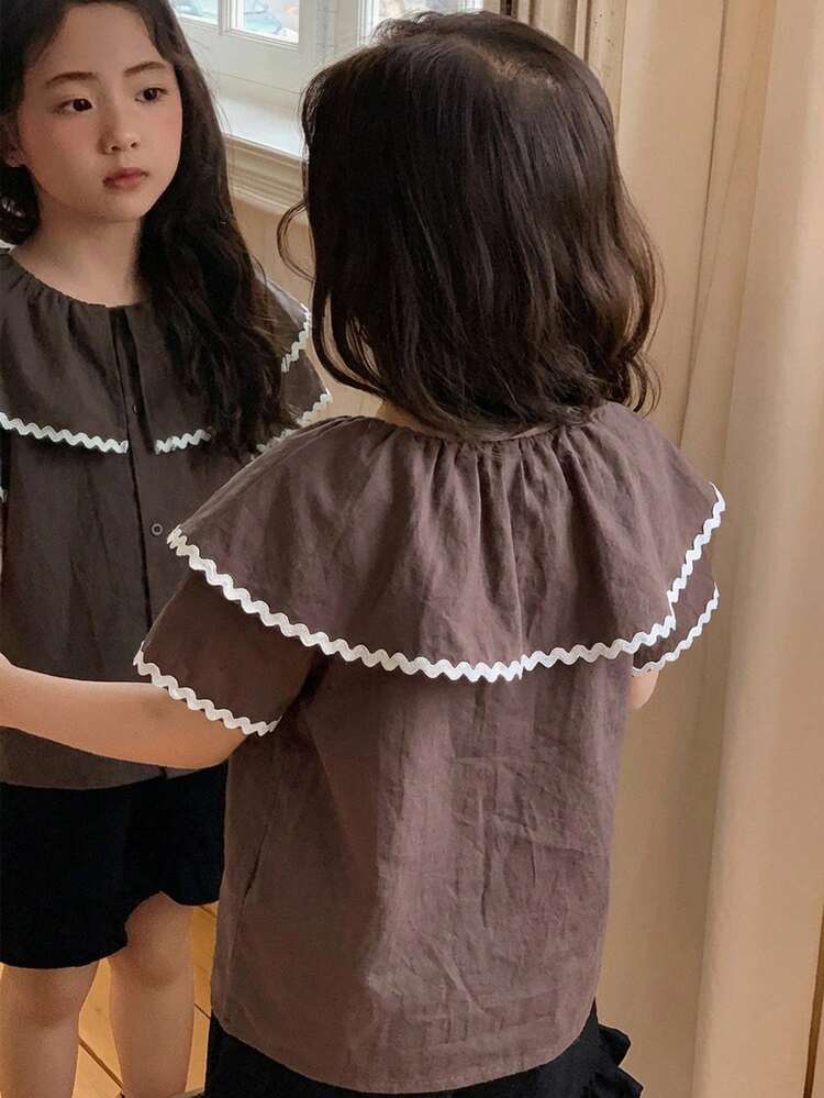 Girls (Small) Contrast Color Ruffle Trim Casual Korean Style Short Sleeve Blouse, Spring/Summer