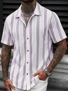 Manfinity CasualCool Camisa polo de hombre de talla grande con textura de jacquard a rayas - Morado - Ver 5