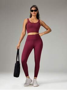 OutZeal Gym Wear Women Sports Leggings Workout Yoga Pilates Tummy Control Mesh Panel Active Bottom - Burgundy - View 10