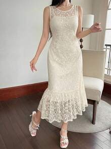 xheDAZY Vestido de gasa con estampado floral diminuto, cuello cuadrado, ribete de volantes y bajo de cola de pez, elegante conjunto de vacaciones de verano para mujeres, estilo boho para Pascuaxhe - Blanco - Ver 2