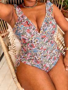 Swim Vcay Plus Size Women 2pcs/Set Random Print Elegant Flounce Tankini Swimwear Vacation Beige Summer - Multicolor - View 5