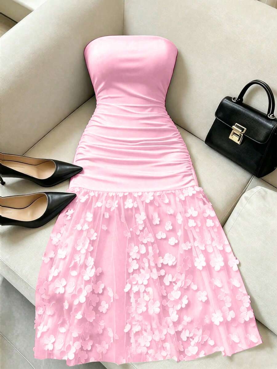 SHEIN Franclia 浪漫對比網紗抓皺腰身修身無肩帶性感女士晚宴晚禮服 婚禮 粉色花卉 夏季 - 粉色 - 查看 1