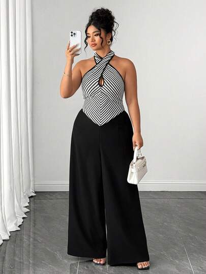 Elenzga Bộ jumpsuit không tay buộc nơ cổ yếm kẻ sọc phối màu dành cho nữ cỡ lớn, kiểu dáng ôm sát, ống rộng, thanh lịch, thích hợp cho công sở, kiểu dáng mới với họa tiết kẻ sọc đan chéo gợi cảm, bộ jumpsuit sành điệu cho kỳ nghỉ hè.
