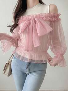 FRIFUL Conjunto de 2 piezas de mujer de unicolor con tela de malla transparente, manga con volantes y lazo, versátil y casual - Albaricoque - Ver 6