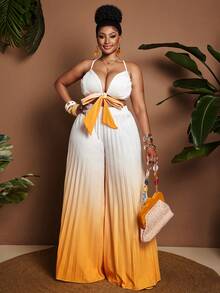 Maweii Women's Plus Size 2-Piece Gradient Pleated Outfit, White Ribbed Crop Cami Top With Bow Tie & Yellow Ombre Pleated Wide Leg Pants, Casual Summer Co-Ord Set For Vacation & Daily Wear - Yellow - View 6
