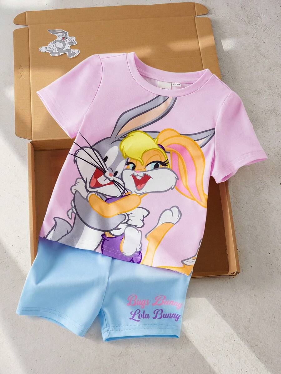 LOONEY TUNES X SHEIN 女婴卡通印花圆领短袖T恤和字母印花短裤套装 - 粉色 - 查看 1