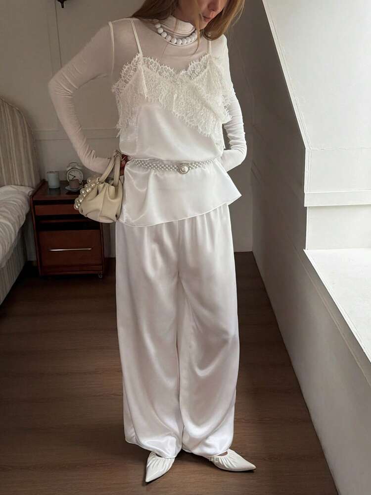 Women's Satin Camisole Top With Contrast Lace And Loose Fitting Pants 2 Pieces Set