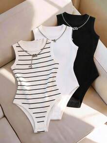 Everyssa Set de 3 piezas de bodys para mujer, que incluye 1 body negro, 1 body blanco y 1 body estampado a rayas, para primavera/verano de mujer - Multicolor - Ver 1