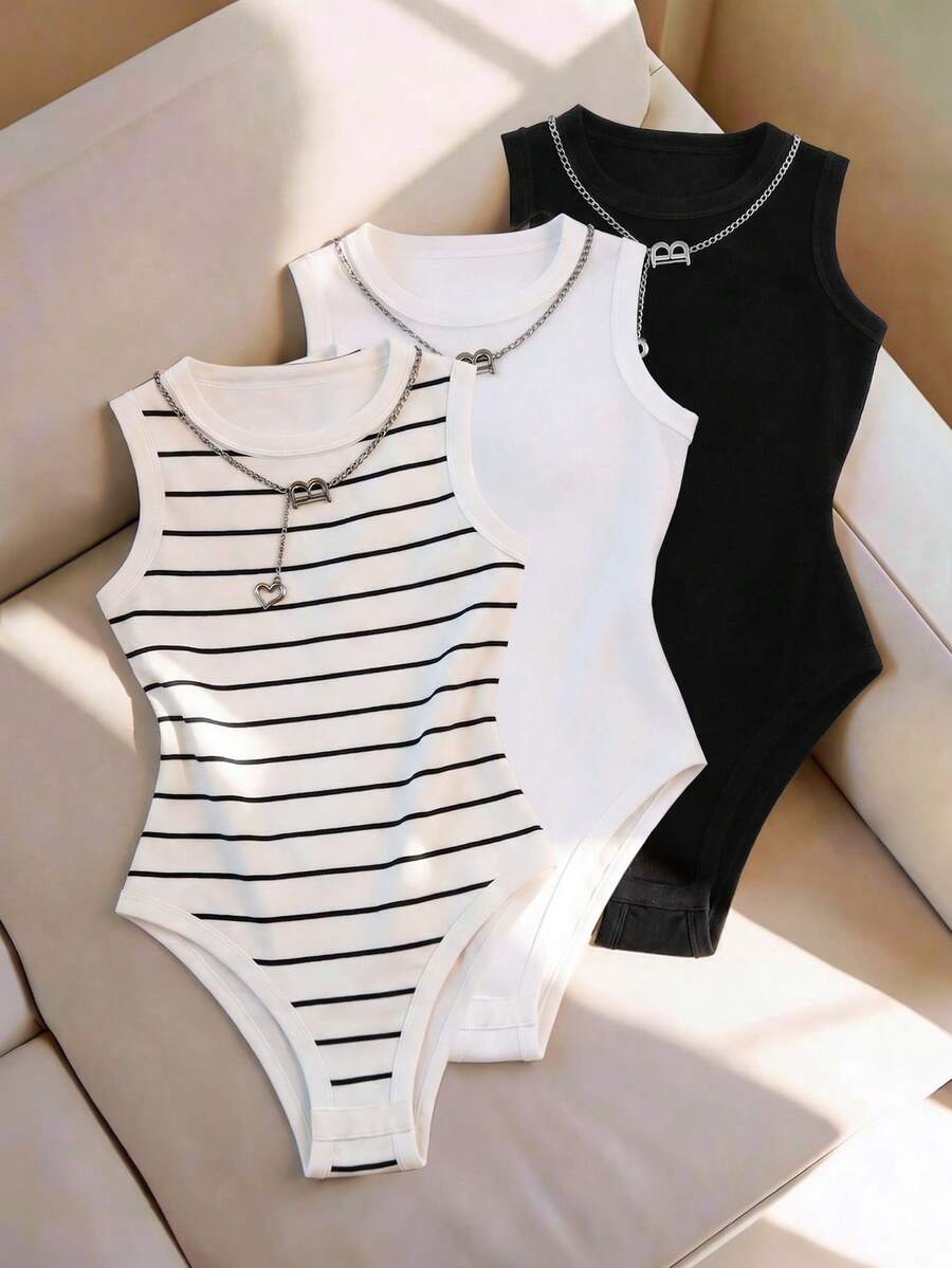 Everyssa Set de 3 piezas de bodys para mujer, que incluye 1 body negro, 1 body blanco y 1 body estampado a rayas, para primavera/verano de mujer - Multicolor - Ver 1