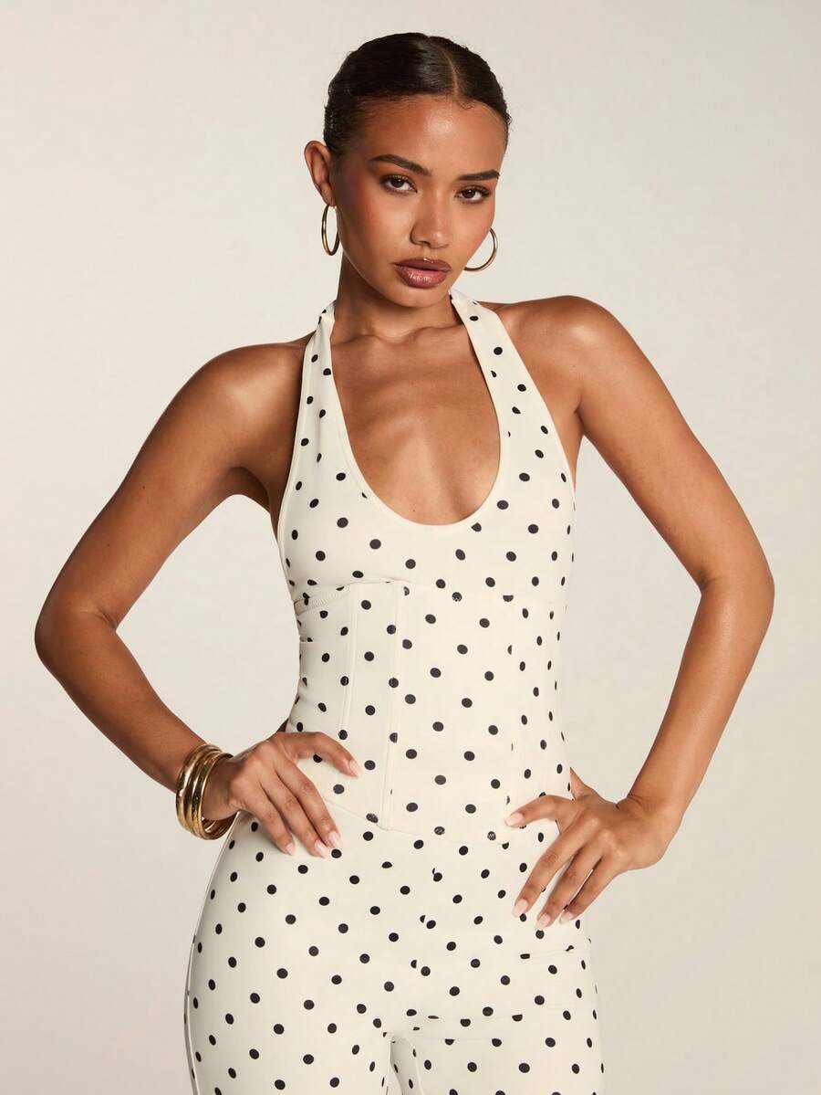 SHEIN BAE Women's Polka Dot Print Fitted Sexy Halter Neck Camisole - Black and White - View 1