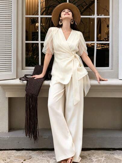Modelyn Women's V-Neck Chiffon Patchwork Petal Sleeve Tie-Cinched Waist Blouse Straight Leg Pants Elegant Office Boda Formal Suit Set Wedding Cream White Summer