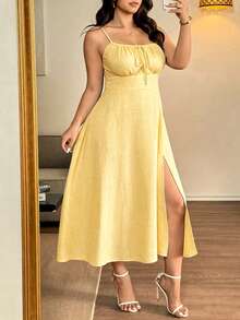 Vionelle Plus Size Spaghetti Strap Backless Waist Cinching Slit Sexy Business Casual Traditional Flapper 1920s Elegant Dress Butter Yellow Summer Brunch - Yellow - View 4