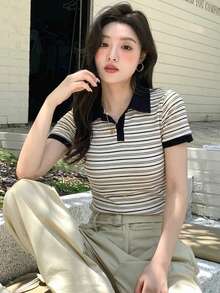 DAZY 女士休闲条纹短袖T恤，夏季 - 黑色 - 查看 7