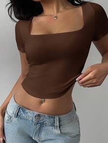 SHEIN BASICS Solid Color Knit Square Neck Fitted Cropped Top For Women Summer For Women - Brown - View 5