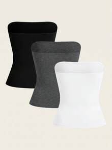 SHEIN BASICS Bộ 3 áo hai dây dệt kim màu trơn kiểu dáng thường ngày dành cho nữ. - Nhiều màu - Xem 2
