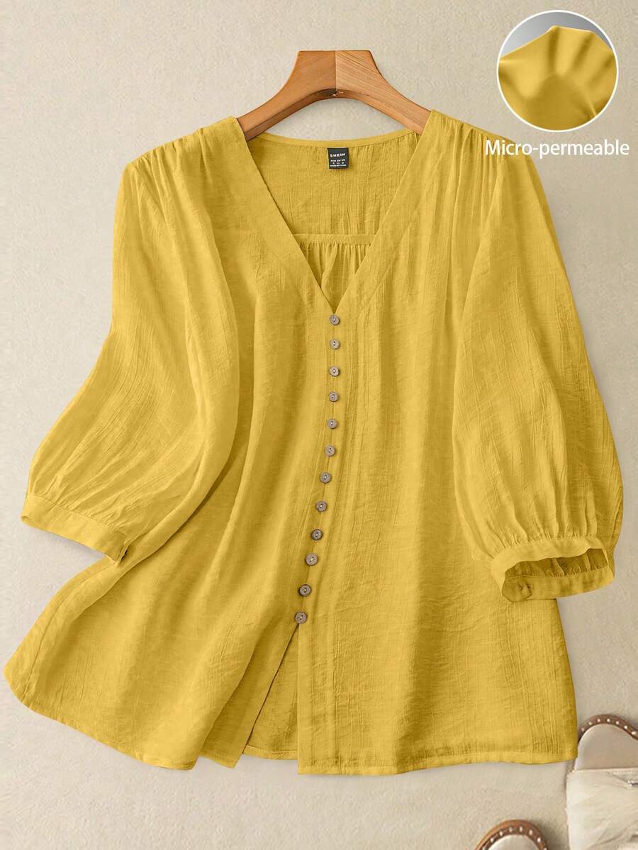 SHEIN Clasi 女士纽扣前襟褶皱肩部中袖衬衫 - 黃色 - 查看 1